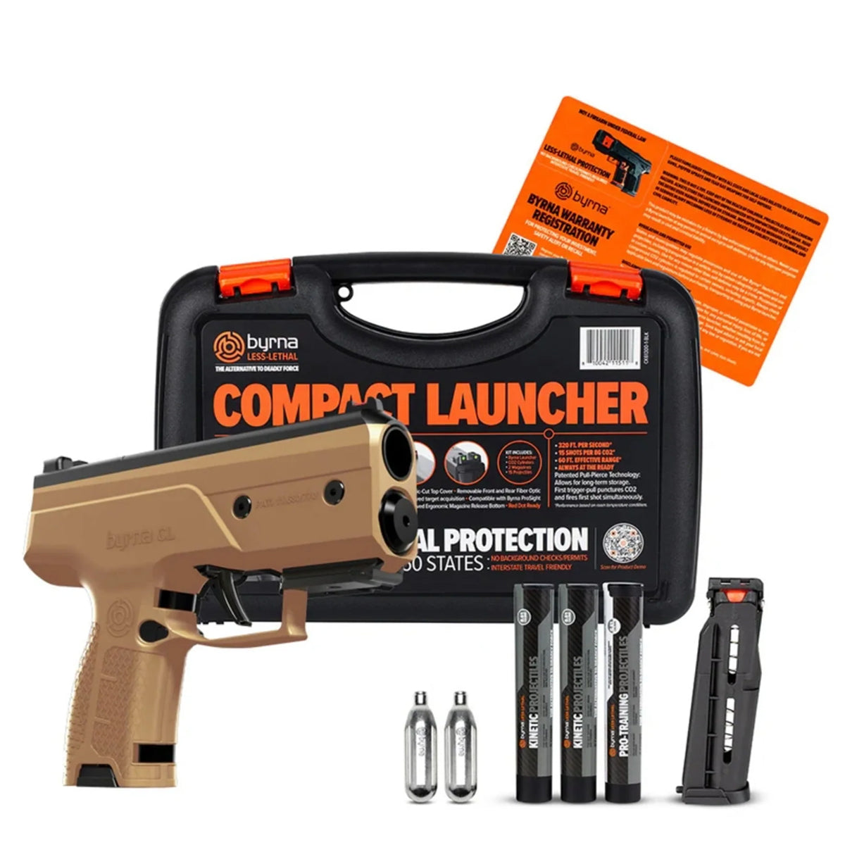 Byrna CL Compact Launcher Universal Kit Tan with case and 2 magazine, 2 co2 cartridges and 3 tubes of projectiles