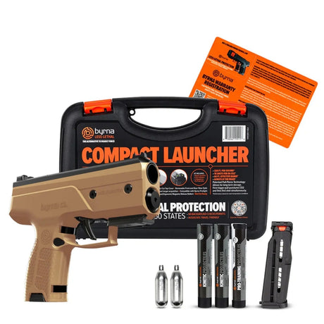 Byrna CL Compact Launcher Universal Kit Tan with case and 2 magazine, 2 co2 cartridges and 3 tubes of projectiles