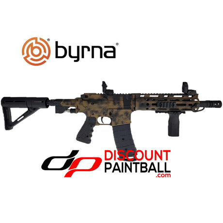 Limited Edition Byrna Mission 4 Launcher Kit Battle Worn CA/NY Compliant Right side angle with Byrna logo and discount Paintball logo