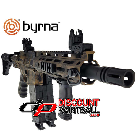 Byrna Mission 4 Launcher Kit Battle Worn CA/NY Compliant Right side angle with Byrna logo and discount Paintball logo
