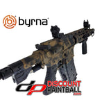 Byrna Mission 4 Launcher Kit Battle Worn CA/NY Compliant Right side back angle with Byrna logo and discount Paintball logo