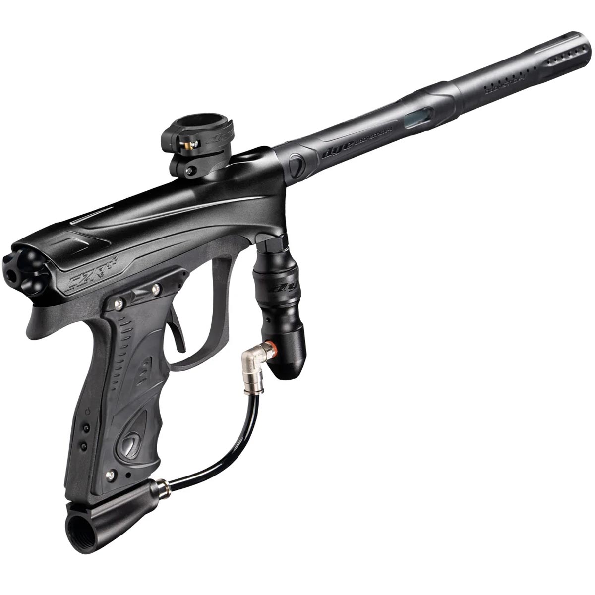 Right rear profile Dye Rize CZR+ Paintball Marker Black Black Dust on a white background