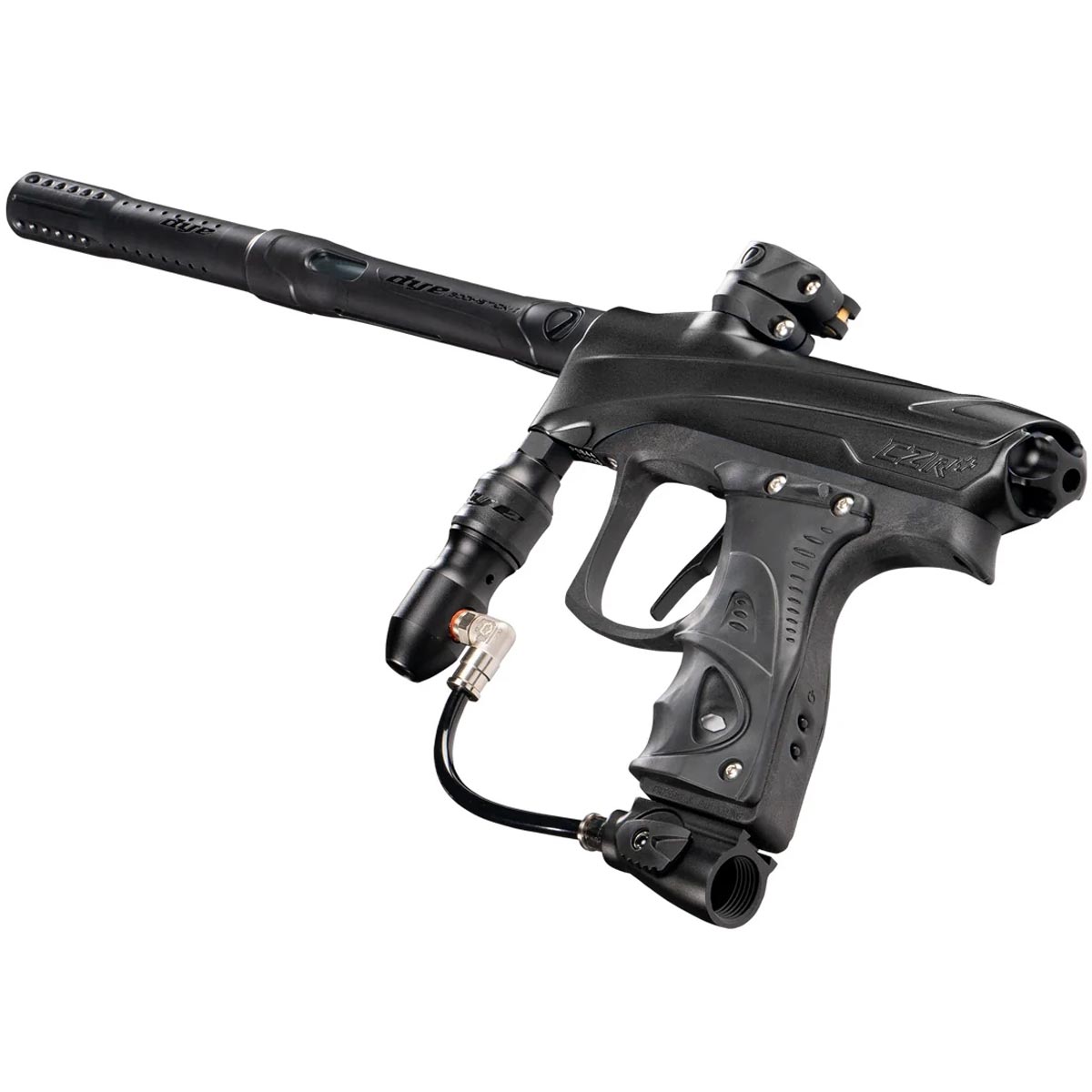 Left rear profile Dye Rize CZR+ Paintball Marker Black Black Dust on a white background