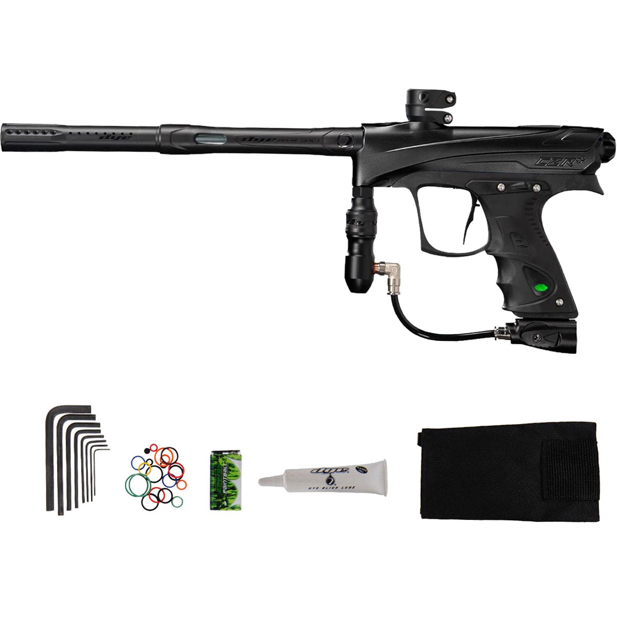 Dye Rize CZR+ Paintball Marker Black Black Dust electronic with tools, orings, lube and a barrel sock on a white background