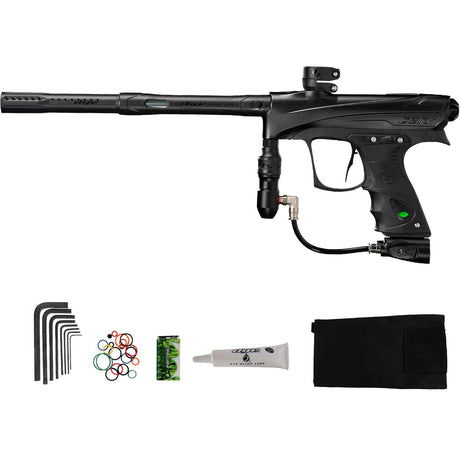 Dye Rize CZR+ Paintball Marker Black Black Dust electronic with tools, orings, lube and a barrel sock on a white background