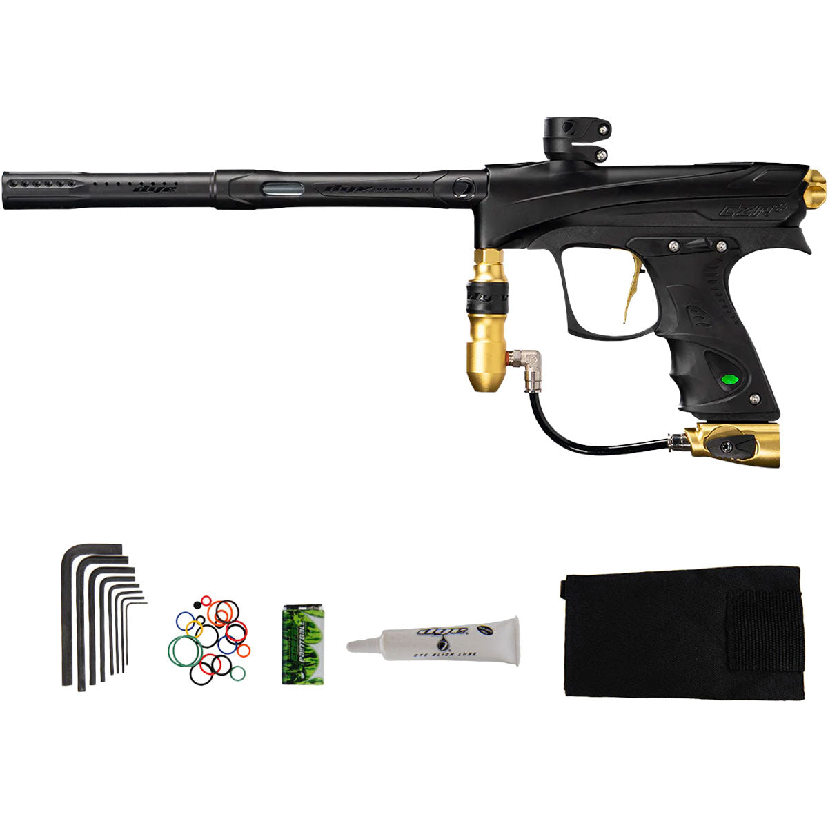 Black and gold Dye Rize CZR paintball gun with accessories on a white background