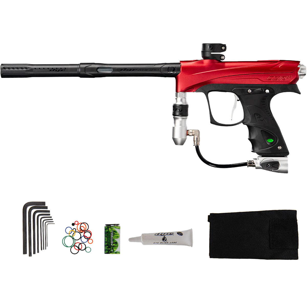 Red and black Dye Rize CZR paintball gun with accessories on a white background