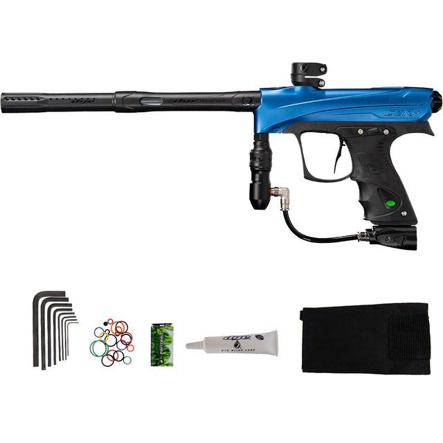 Blue and black Dye Rize CZR paintball gun with accessories on a white background