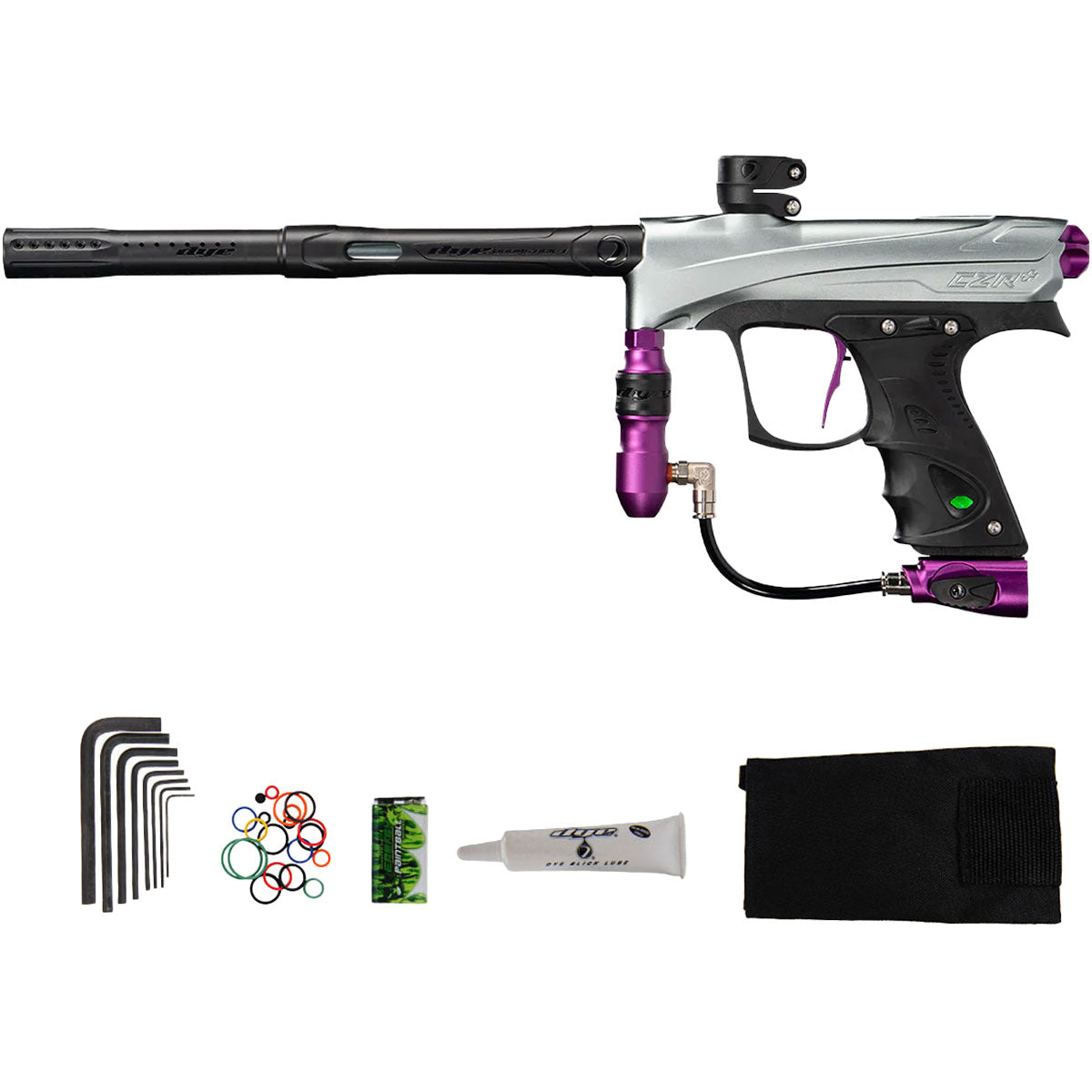 silver purple Dye Rize CZR Paintball gun with accessories on a white background