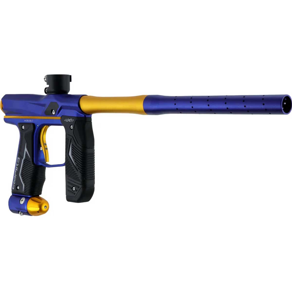 Right side blue gold Empire Axe 2.0 paintball marker on a white background