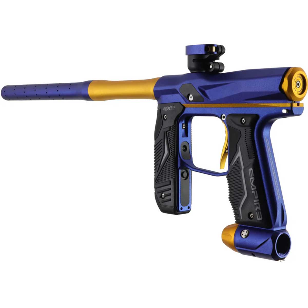 Left rear angle blue gold Empire Axe 2.0 paintball marker on a white background