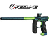 Left front angle Empire AXE 2.0 with Redline green blue Paintball marker with Redline branding on a white background