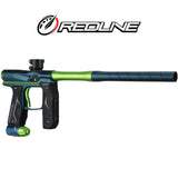Right front angle Empire AXE 2.0 with Redline green blue Paintball marker with Redline branding on a white background