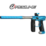 Left front angle Empire Axe 2.0 with Redline OLED Board Dust Savoy Blue Dust Grey Paintball marker and Redline logo on a white background