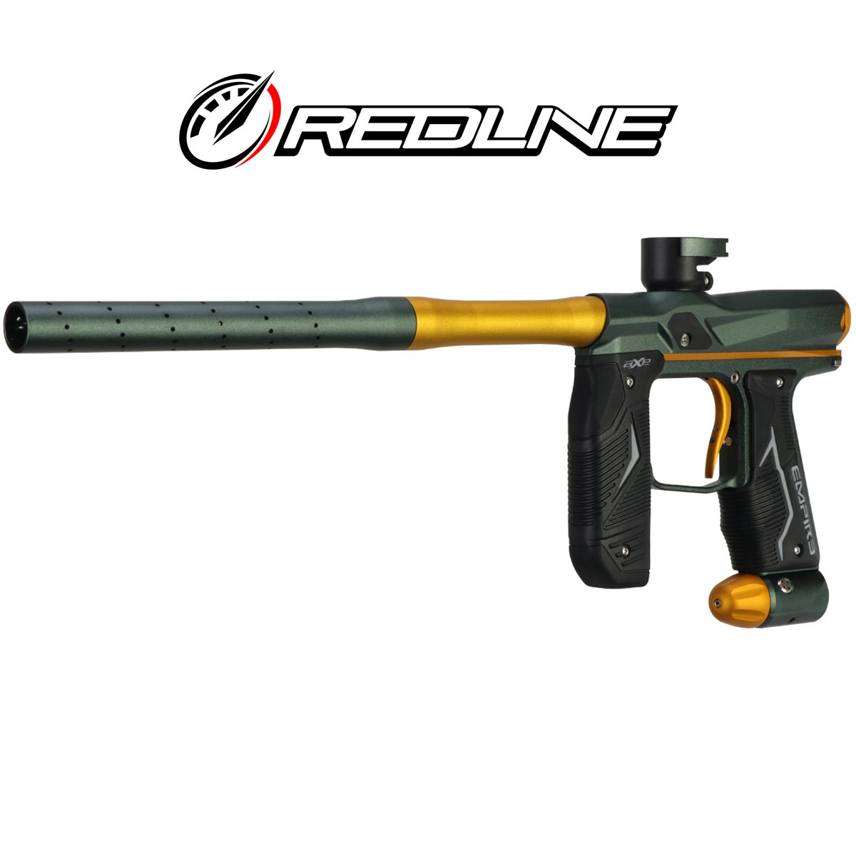 Left front angle Empire Axe 2.0 with Redline OLED Board Dust Pine Green Dust Honey Gold Paintball marker on a white background