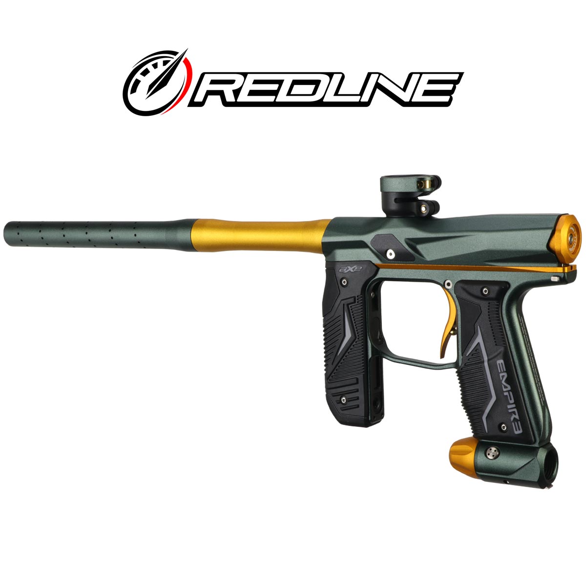 Left rear angle Empire Axe 2.0 with Redline OLED Board Dust Pine Green Dust Honey Gold Paintball marker on a white background