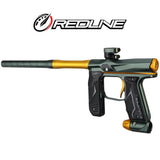 Left rear angle Empire Axe 2.0 with Redline OLED Board Dust Pine Green Dust Honey Gold Paintball marker on a white background