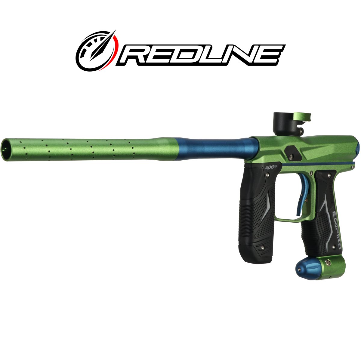 Left side angle Empire Axe 2.0 with Redline OLED Board Dust Mantis Green Dust Savoy Blue on a white background