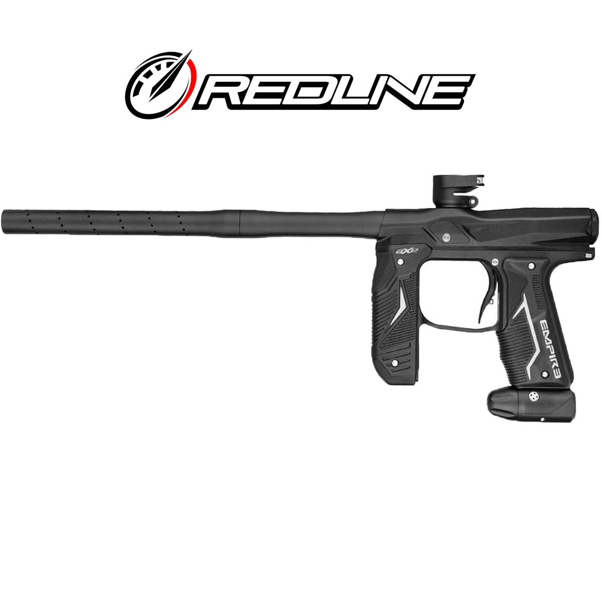 Left side Right side Empire Axe 2.0 paintball marker with Redline OLED Board Dust Black on a white background.
