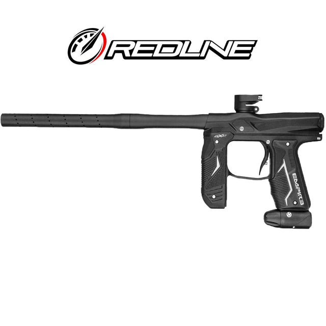Left side Right side Empire Axe 2.0 paintball marker with Redline OLED Board Dust Black on a white background.