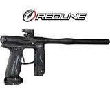 Back right angle Empire Axe 2.0 paintball marker with Redline OLED Board Dust Black on a white background.