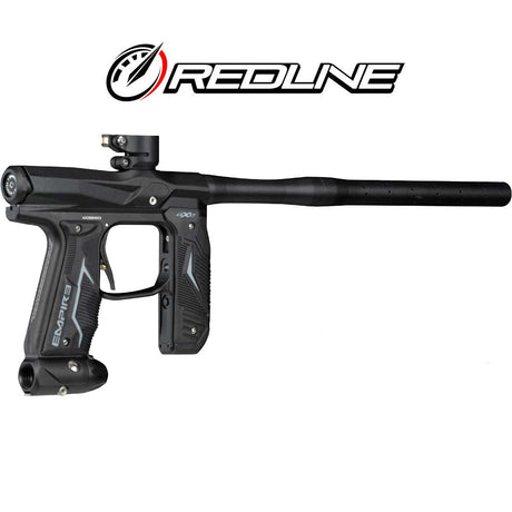 Back right angle Empire Axe 2.0 paintball marker with Redline OLED Board Dust Black on a white background.
