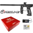 Empire Axe 2.0 paintball marker with Redline OLED Board Dust Black shown with box, tool kit and barrel sock on a white background.