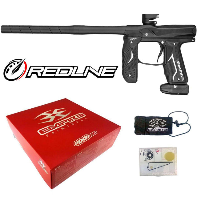 Empire Axe 2.0 paintball marker with Redline OLED Board Dust Black shown with box, tool kit and barrel sock on a white background.