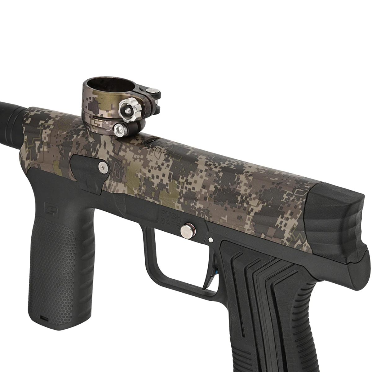 Left side angle close up Planet Eclipse Etha 3M Mechanical Paintball Marker HDE Earth Black on a white background