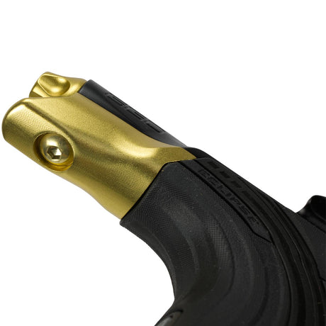 Planet Eclipse Ego LV2 Paintball Marker Black Gold grip close up on a white background