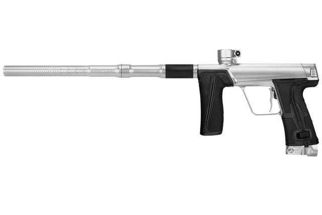 Left side of Planet Eclipse CS3 Pro Paintball Marker in Protocol Silver with a sleek design, featuring a silver body, black accents, and a paintball barrel.