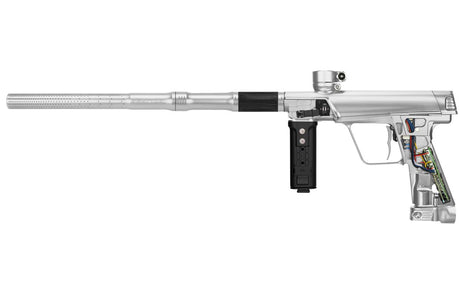 Right side of Planet Eclipse CS3 Pro Paintball Marker in Protocol Silver with grip removed to expose the circuit board and wiring.