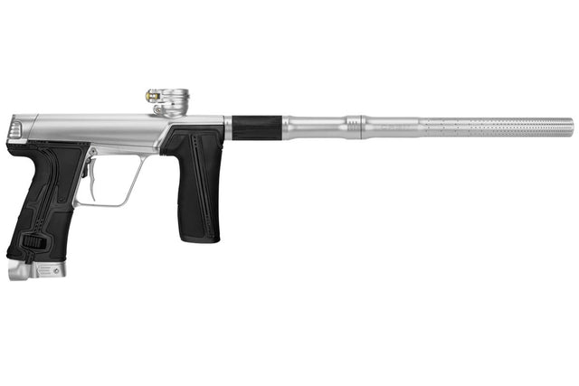 Right side of Planet Eclipse CS3 Pro Paintball Marker in Protocol Silver with a sleek design, featuring a silver body, black accents, and a paintball barrel.