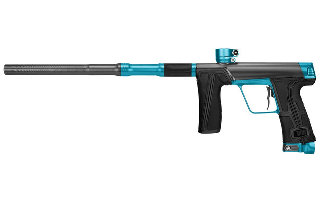 Left side of Planet Eclipse CS3 Pro Paintball Marker in Provoke Graphite Turquoise color with a streamlined body and a S63 Pro FL Barrel system.