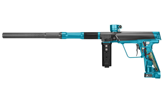 Left side of Planet Eclipse CS3 Pro Paintball Marker in Provoke Graphite Turquoise color with grip removed to expose circuit board and wiring system.