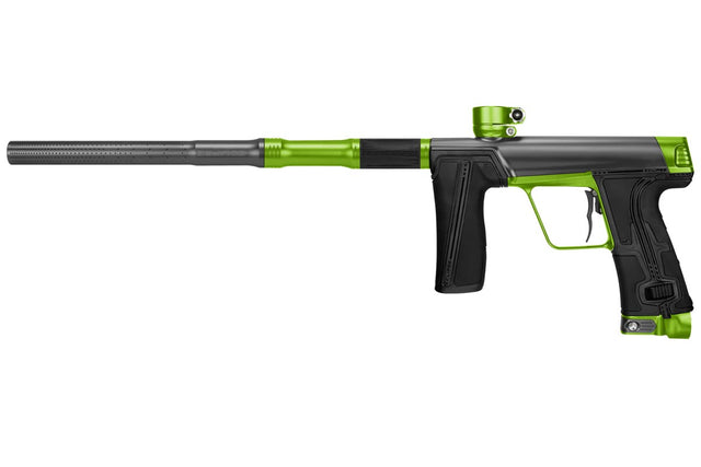Black and Green left side of Planet Eclipse CS3 Pro Paintball Marker in Profound Graphite Green color with streamlined body and paintball barrel on a white background.