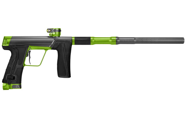 Black and Green right side of Planet Eclipse CS3 Pro Paintball Marker in Profound Graphite Green color with streamlined body and paintball barrel.
