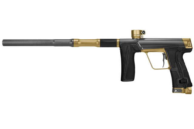 Left side of Planet Eclipse CS3 Pro Paintball Marker in black and gold color, featuring a sleek design with upgraded components.