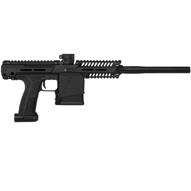 Planet Eclipse EMF100 Sport Mag Fed Paintball Marker Black with shroud removed and hopper adapter installed
