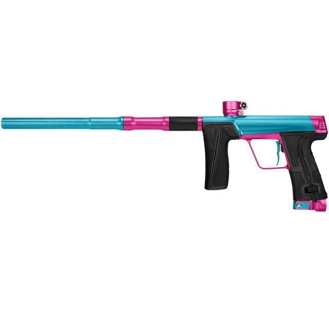 Right side of Planet Eclipse CS3 Pro Paintball Marker Bubble Gum Turquoise Pink left pm a white background.