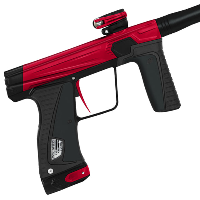 Red and black paintball gun on a white background