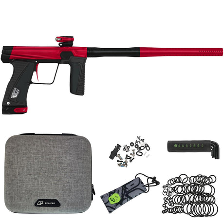 Red and black paintball gun with accessories on a white background
