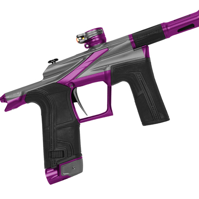 Right side close up of Purple, grey and black Planet Eclipse Ego LV2 Paintball Marker Havoc on a white background.