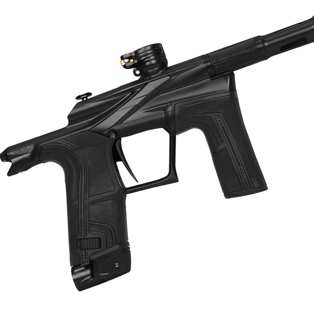 Close up Right side of black Planet Eclipse Ego LV2 Paintball Marker Midnight on a white background.