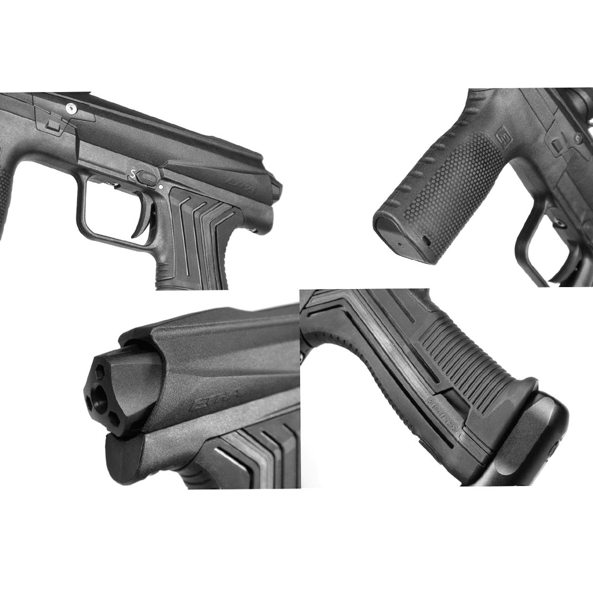 Four close-up product views of a semi-automatic Planet Eclipse EMEK 100 PAL Paintball Marker HDE Urban on a white background, showing the side, rear and grip details.