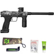 Right side Planet Eclipse EMEK 100 PAL Paintball Marker HDE Urban with grease, spare parts, hex keys and barrel sock on a white background.