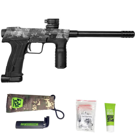 Right side Planet Eclipse EMEK 100 PAL Paintball Marker HDE Urban with grease, spare parts, hex keys and barrel sock on a white background.