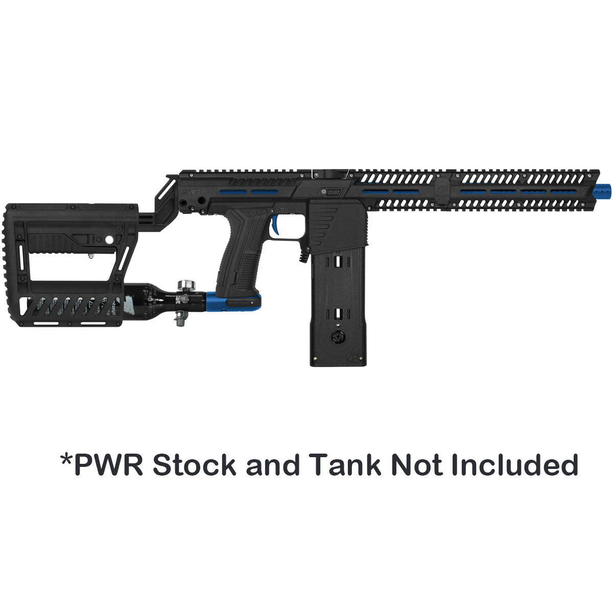 Black with blue accents mag or hopper fed paintball marker shown with optional PWR stock and tank.