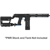 Black with blue accents mag or hopper fed paintball marker shown with optional PWR stock and tank.