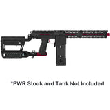 Black with red accents mag or hopper fed paintball marker shown with optional PWR stock and tank.